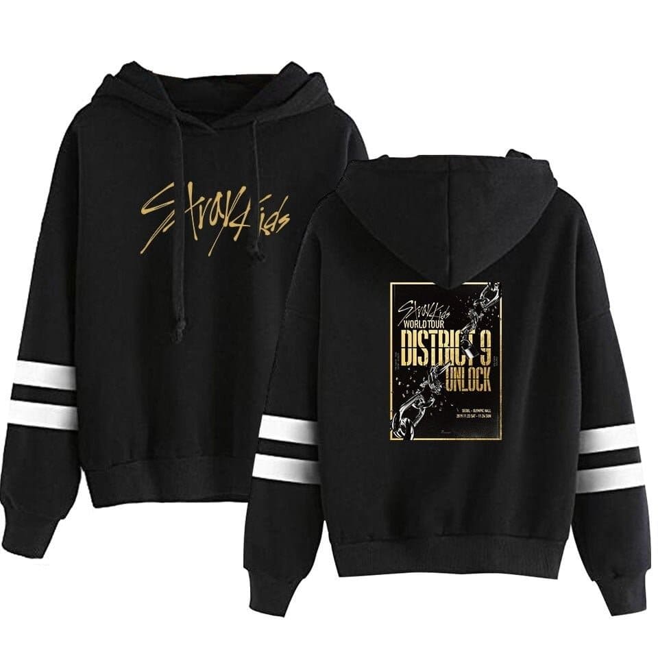 Stylish black hoodie with graphic print, perfect for K-pop fans, featuring bold text and streetwear style, ideal for showing off K-pop merch enthusiasm.