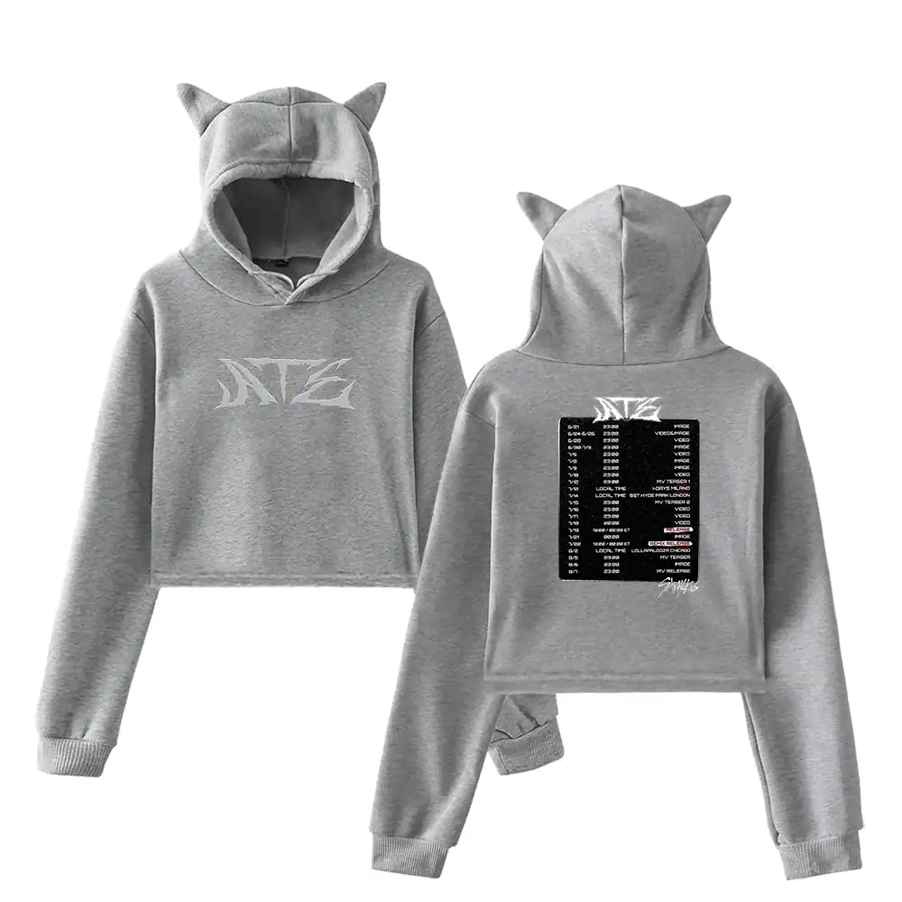 Comfy grey hoodie with cat ears and "DNA" logo, perfect for K-pop fans.