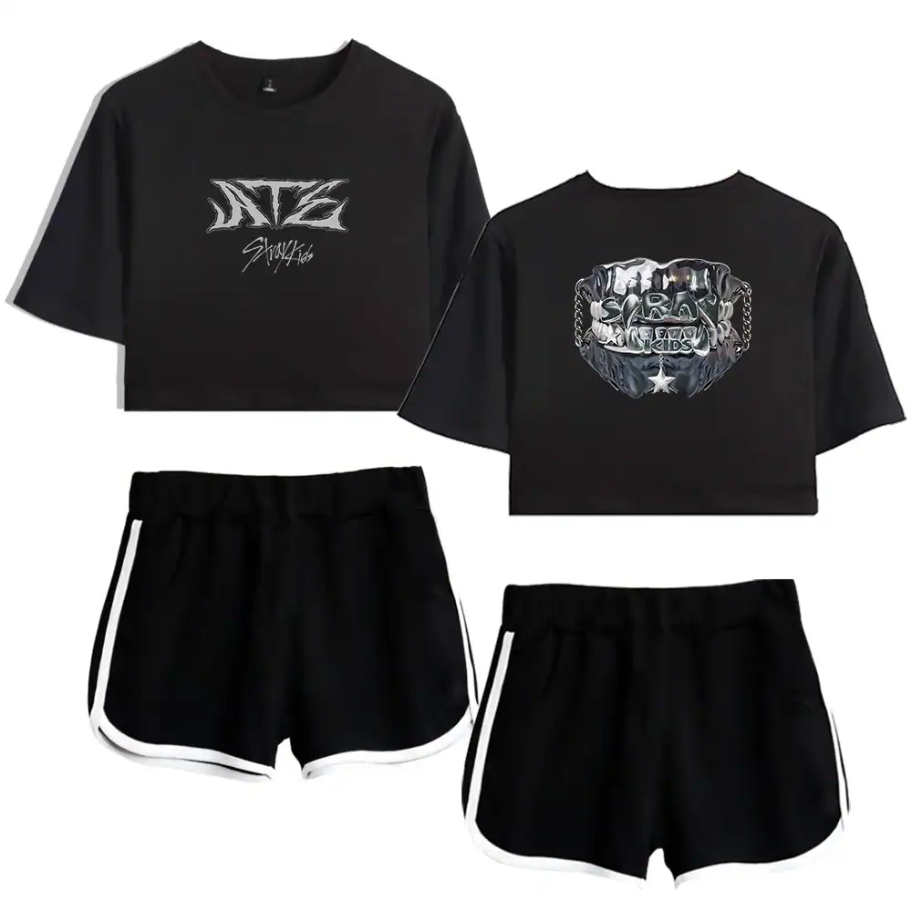 Matching black K-pop merch set with graphic crop tops and shorts, perfect for fans of trendy streetwear and music groups.
