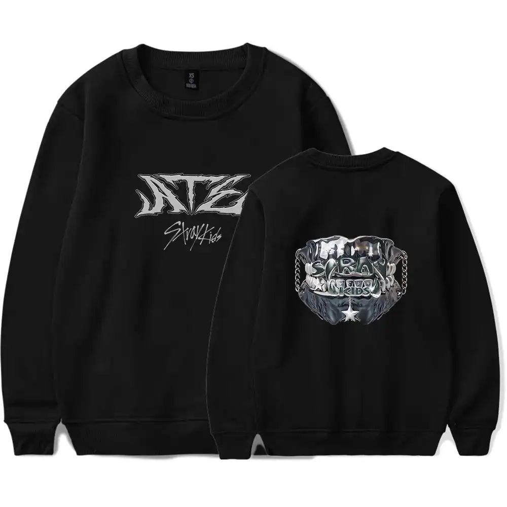 Black K-pop sweatshirt with graphic design and slogan.
