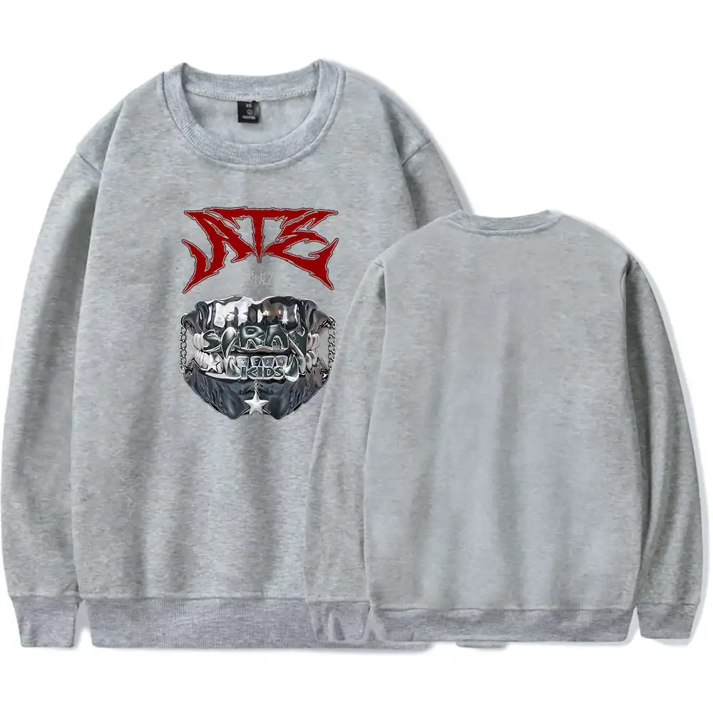 Vintage NTS album graphic grey sweatshirt with bold red logo and metallic details, perfect for K-pop merchandise fans.