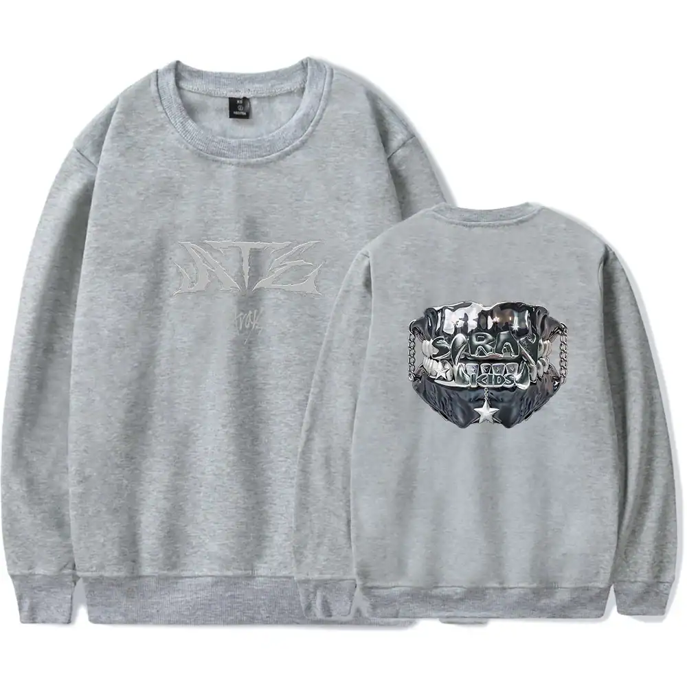 Stylish gray K-pop merch sweatshirt with unique graphic designs on front and back, perfect for fans and casual wear.