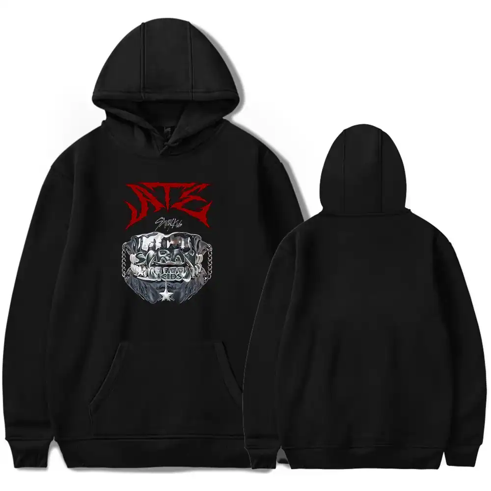 High-quality black hoodie with bold red and silver K-pop inspired graphic design, perfect for Kpop merch fans and music enthusiasts.