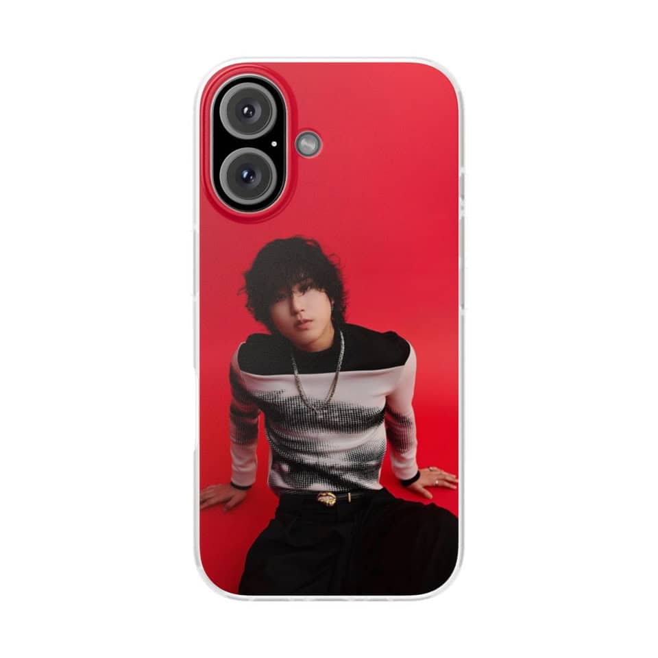 Phone case with a K-pop idol print on a red background.