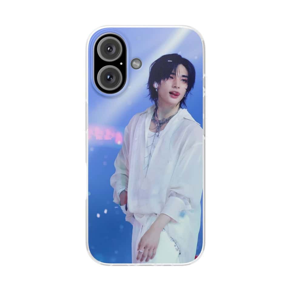 Iphone case featuring a K-pop idol with black hair and stylish accessories, perfect for K-pop fans and merch collectors.