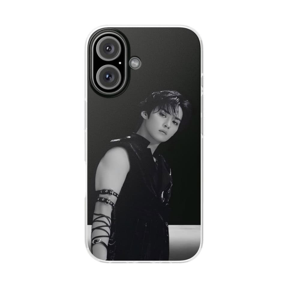Designed phone case with a black and white image of a young male K-pop idol, stylish outfit and accessories, perfect for K-pop fans.