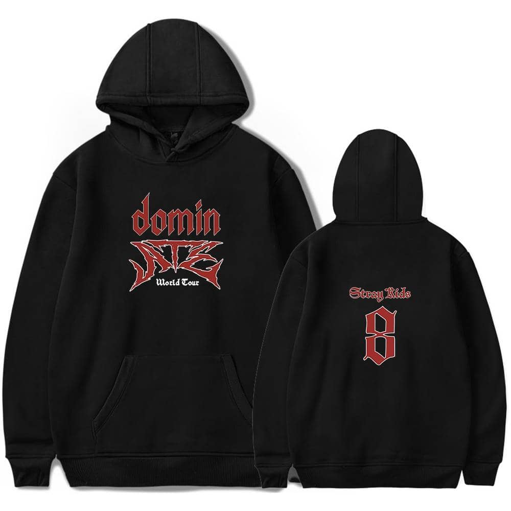 D on hoodie with logo and text.