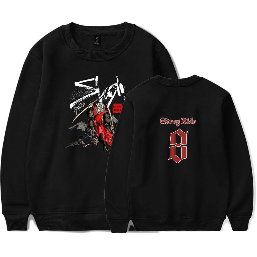 Streetwear Kpop sweatshirt featuring an artistic graphic design with a ninja character and bold text. Perfect for Kpop fans and street style fashion.
