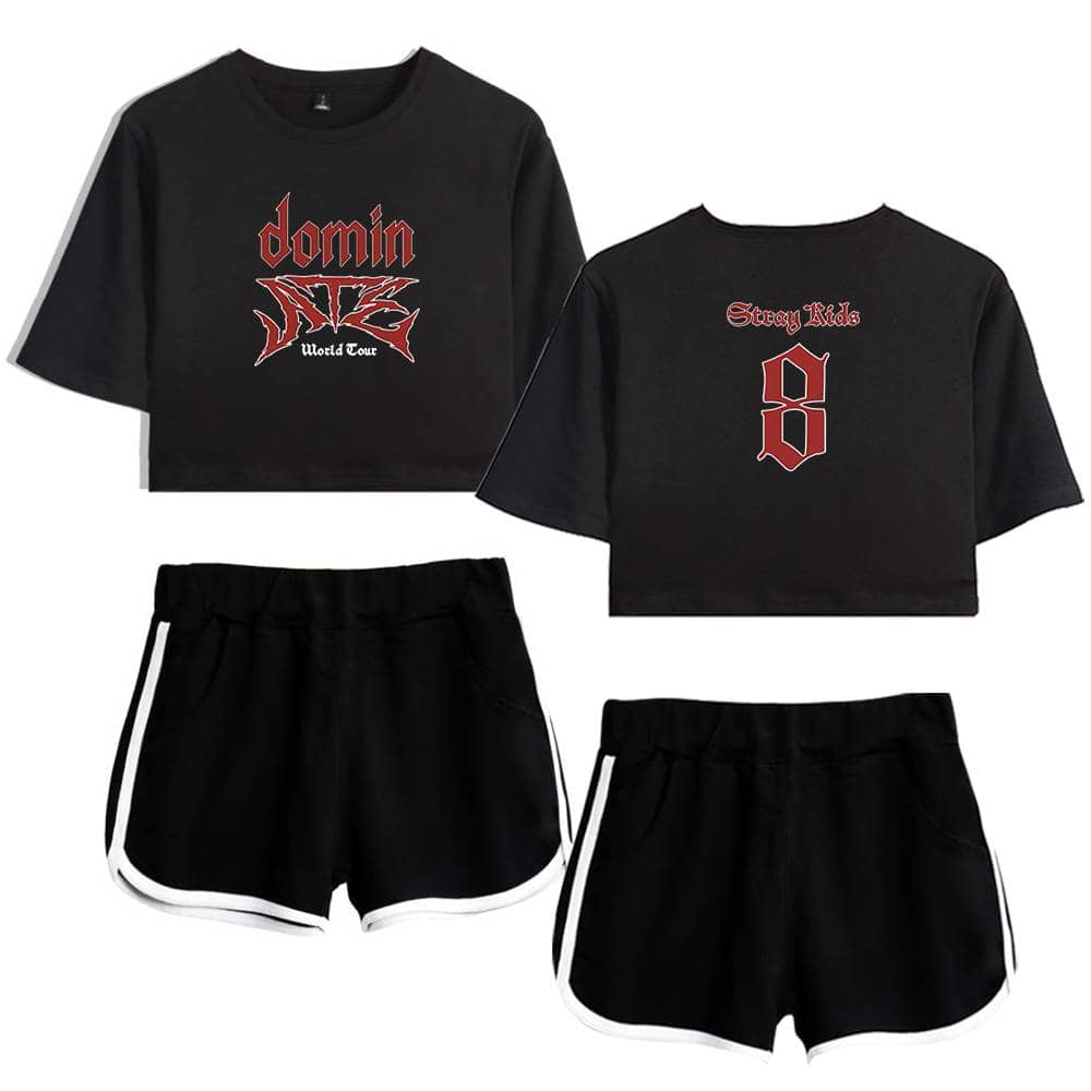 Cute black crop top and shorts set with edgy graphic design perfect for K-pop merch fans.