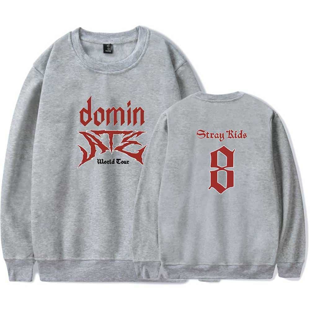 Demon slayer world tour grey sweatshirt with red print and gothic style text.