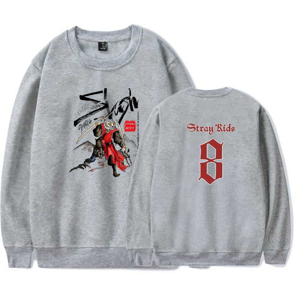 Unique gray Stray Kids themed sweatshirt with bold graphics and logos, perfect for K-pop fans and merchandise collectors.