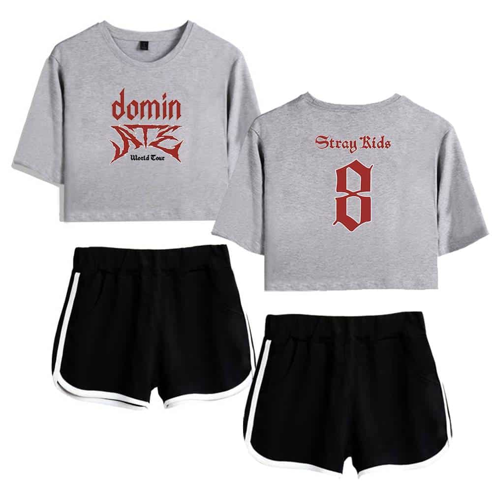 Comfortable grey cropped t-shirts with bold red graphic designs, paired with black athletic shorts featuring white stripe accents, perfect for K-pop fans.