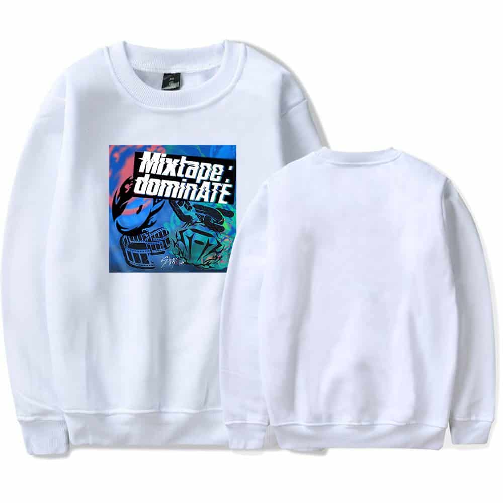 Bright white sweatshirt featuring colorful K-pop inspired graphic design and text, perfect for Kpop merch fans.