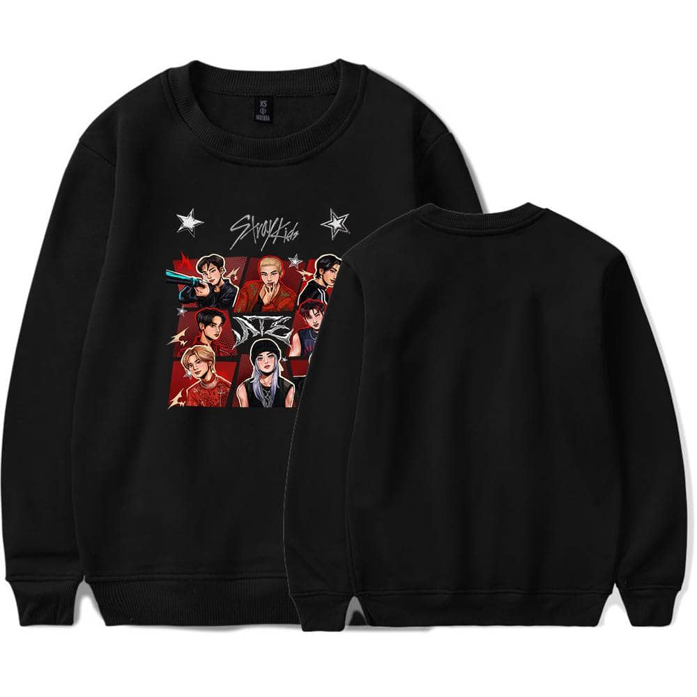 Kpop merchandise sweatshirt featuring cartoon-style printed members.