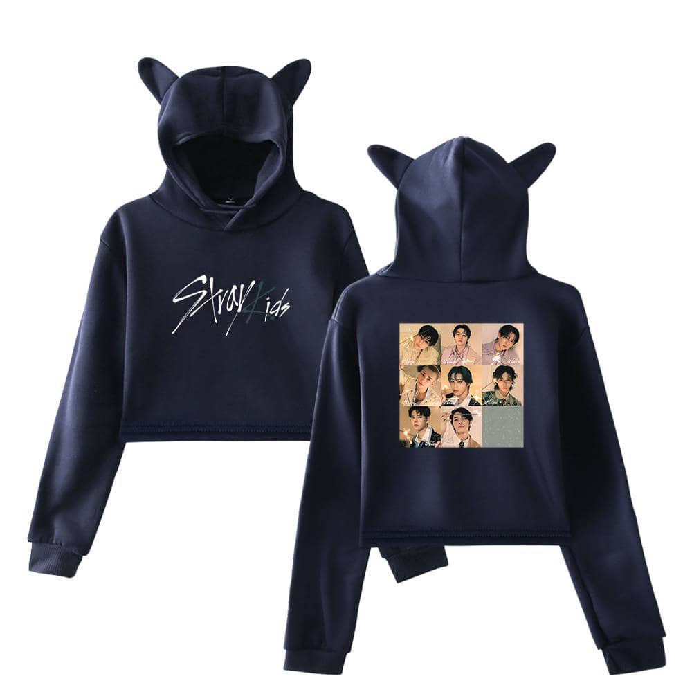 Cute black hoodies with animal ear hoods and K-pop idol prints, perfect for stylish K-pop merch fans.