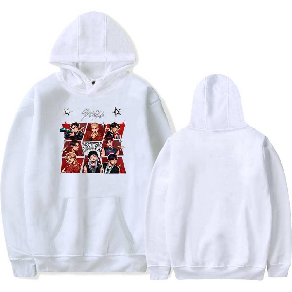 Kpop merch hoodie featuring cartoon-style group members with dynamic poses and vibrant colors.