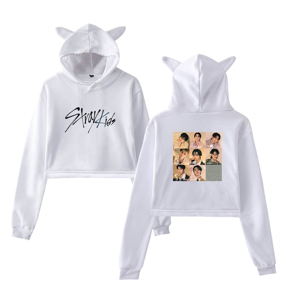 Cute white hoodie with animal ears, featuring a "Stray Kids" logo on the front and a collage of group photos on the back, perfect for Kpop fans.