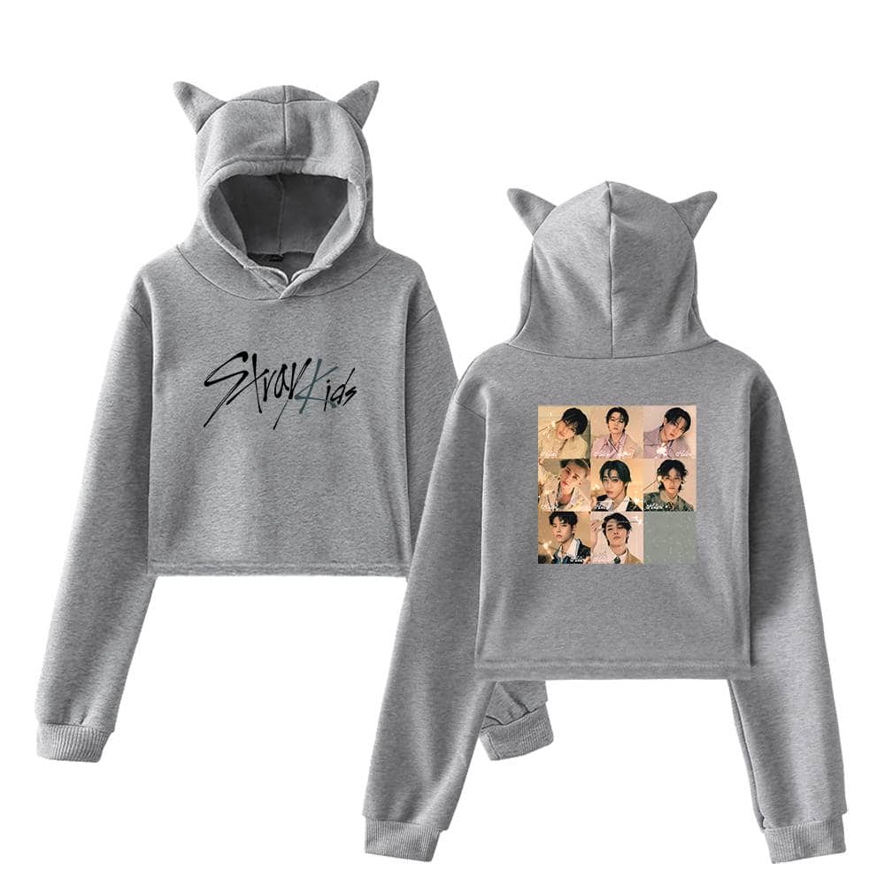 Gray hoodie with cat ears and K-pop member photos, trendy Kpop merch for fans.