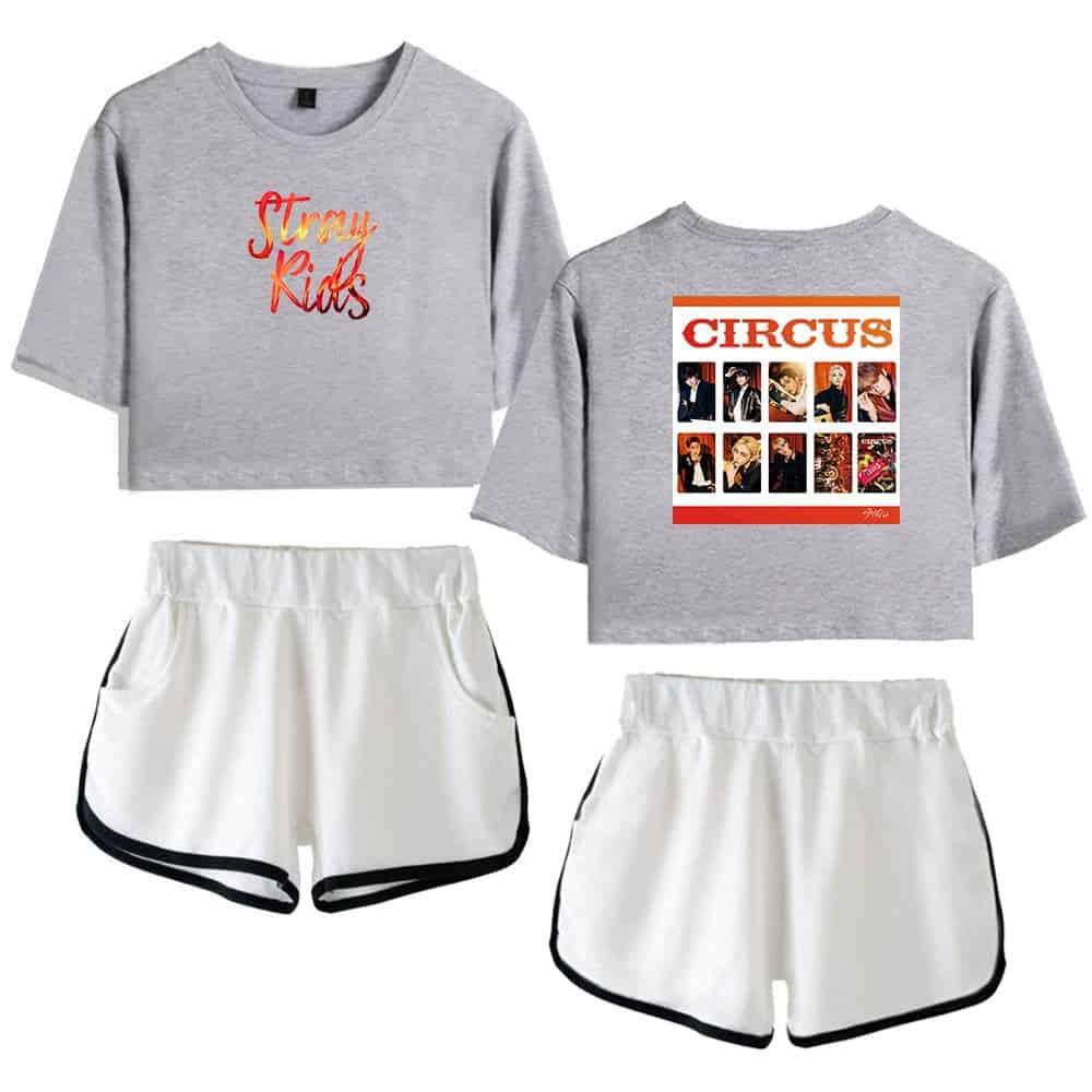 Kpop merch sweatshirt and shorts set with group graphics and colorful design.