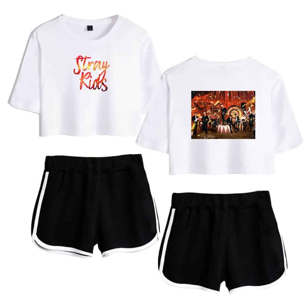 Stray Kids graphic t-shirt and shorts set for K-pop merch fans.