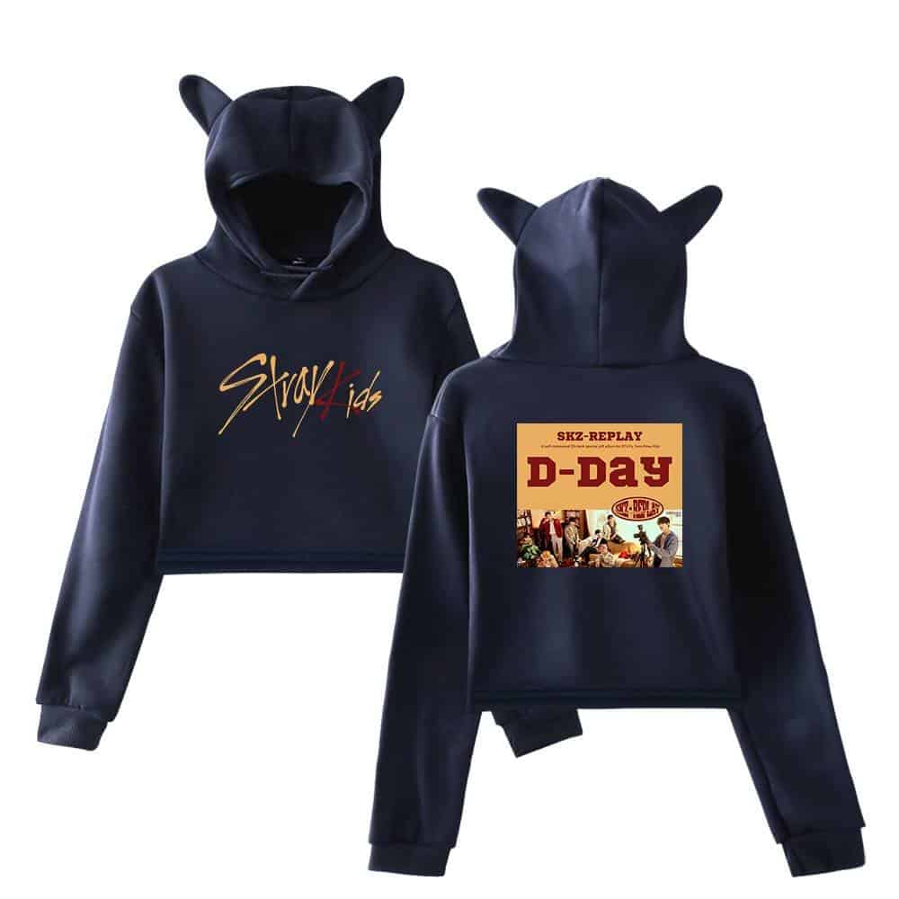 High-quality black hoodies with playful cat ear hoods, featuring vintage-inspired SKZ-REPLAY D-DAY graphic design, perfect for K-pop fans and fashion-forward streetwear enthusiasts.