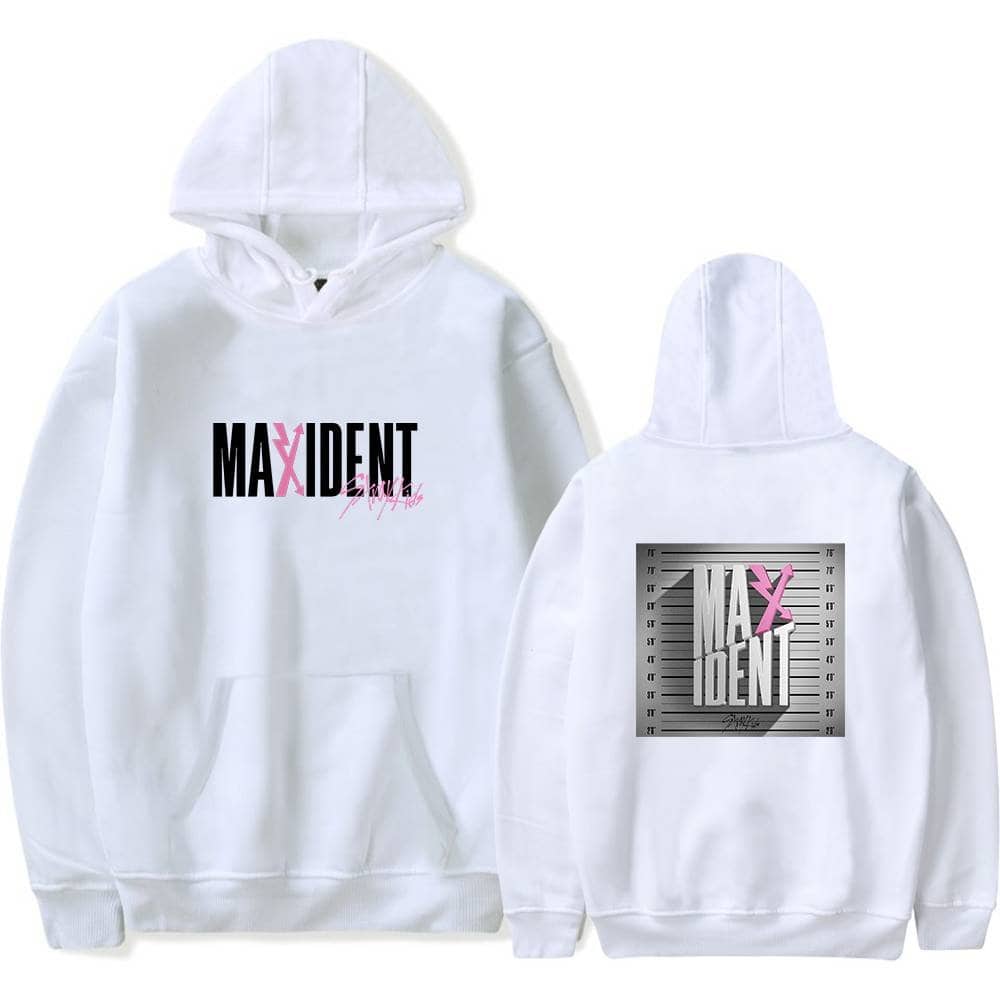Simple white Maxidnt hoodie with front and back graphic design, perfect for K-pop fans and merch collectors.