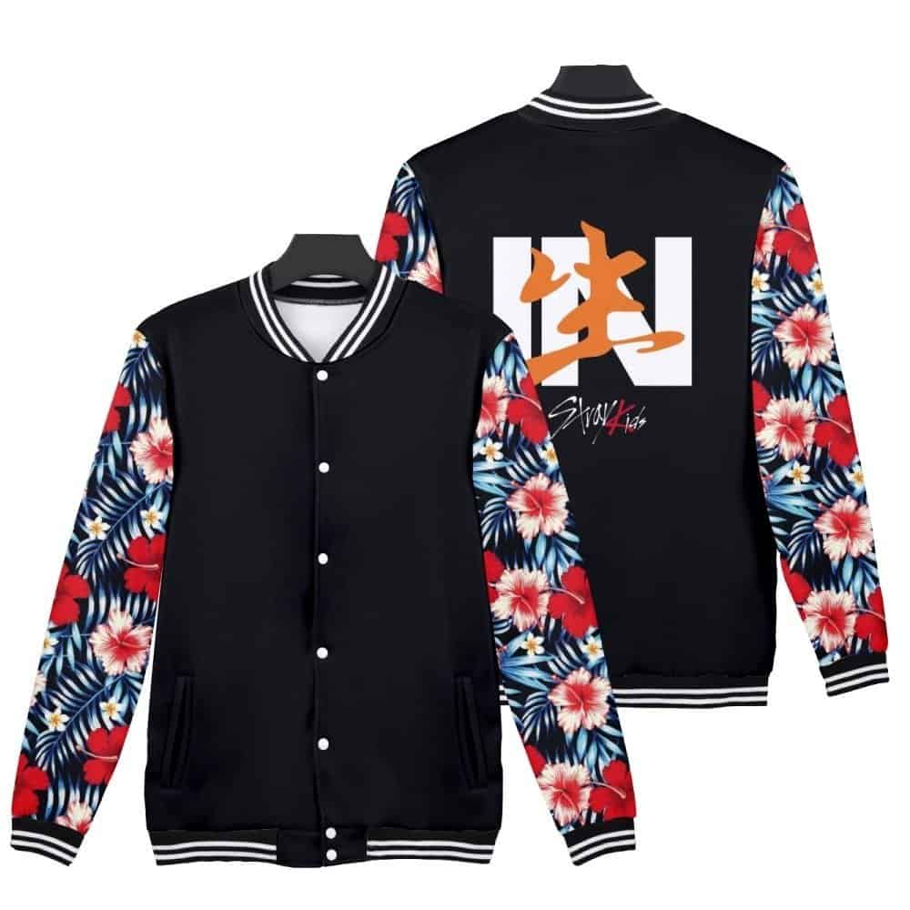 Black and floral K-pop hoodie jacket with Japanese characters and vibrant sleeves.