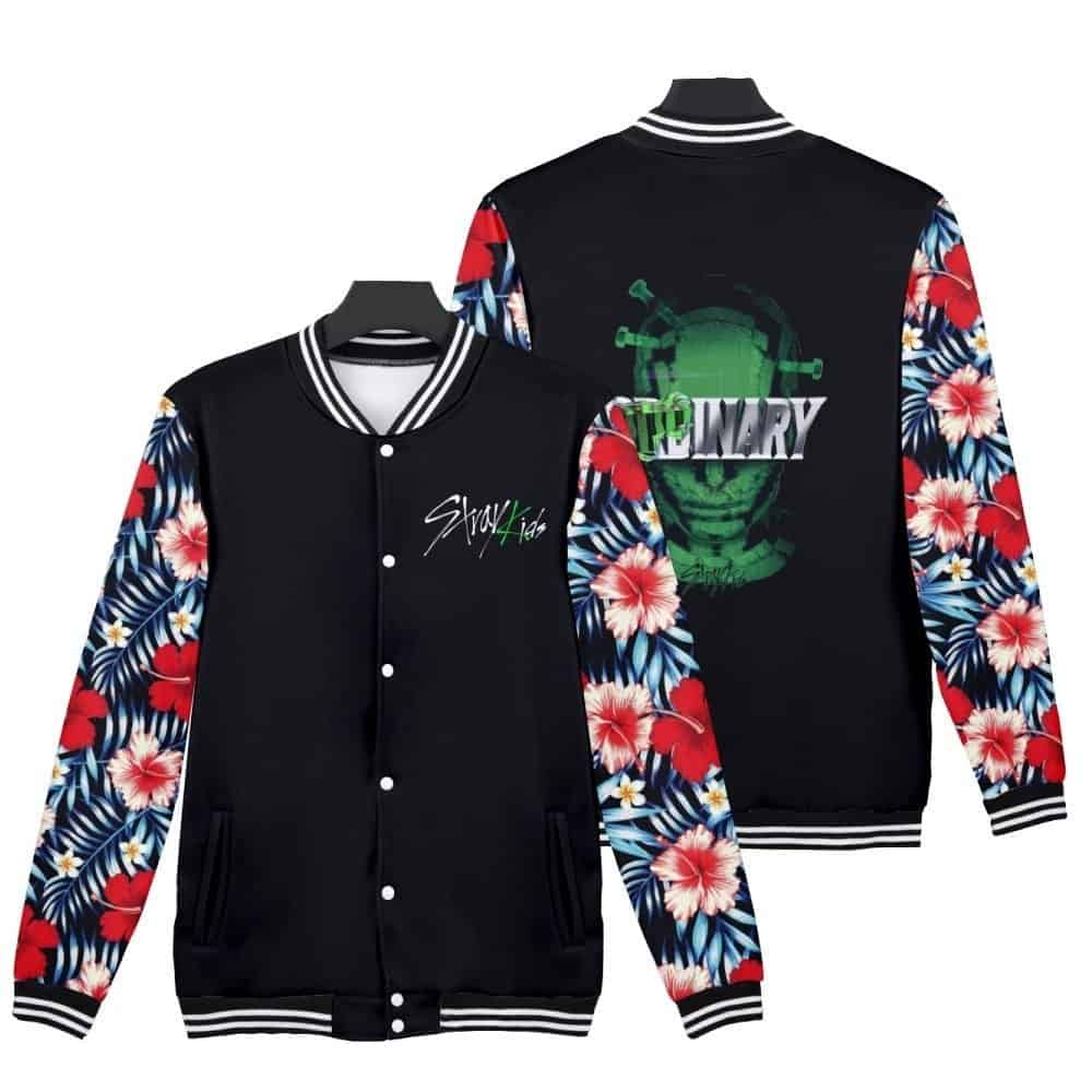 Kpop merch floral bomber jacket with colorful sleeves and embroidery.