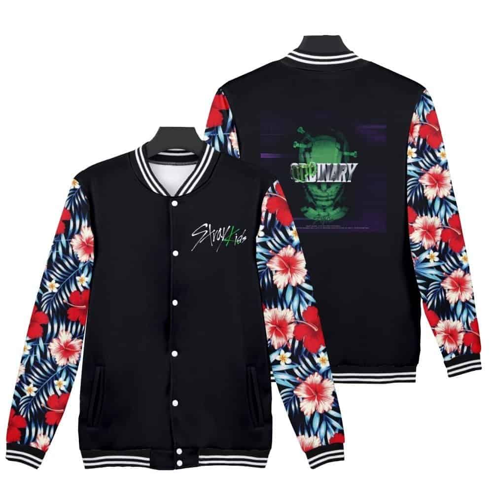 Colorful floral patterned K-pop merch varsity jacket with graphic design.