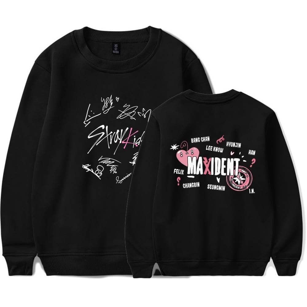 Kpop merch sweatshirt with MAXIDENT and member signatures design.