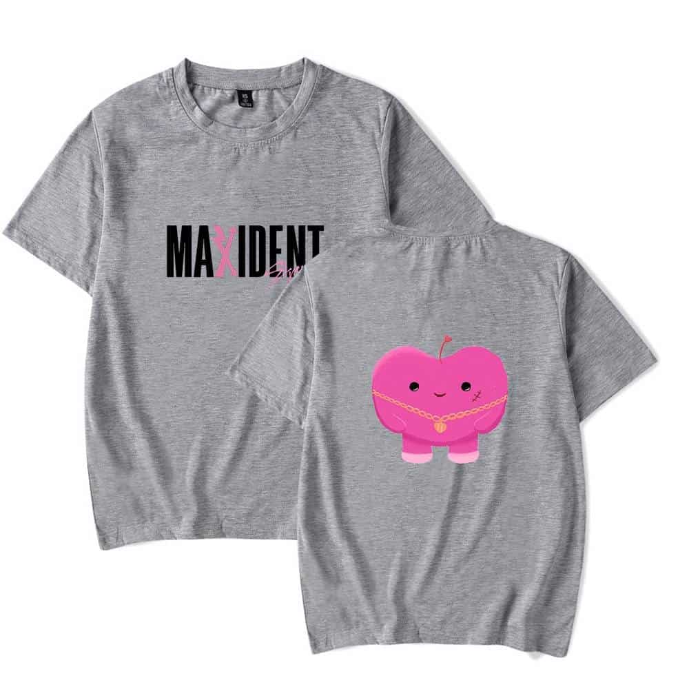 Maxi merch T-shirts featuring the band logo and cute cartoon character design.