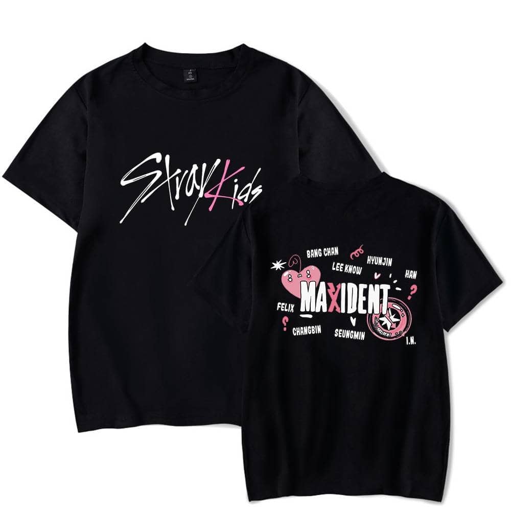 Stylish black K-pop merch t-shirts featuring MAXIDENT and Stray Kids logos, perfect for fans of K-pop idol groups and collectible fashion accessories.