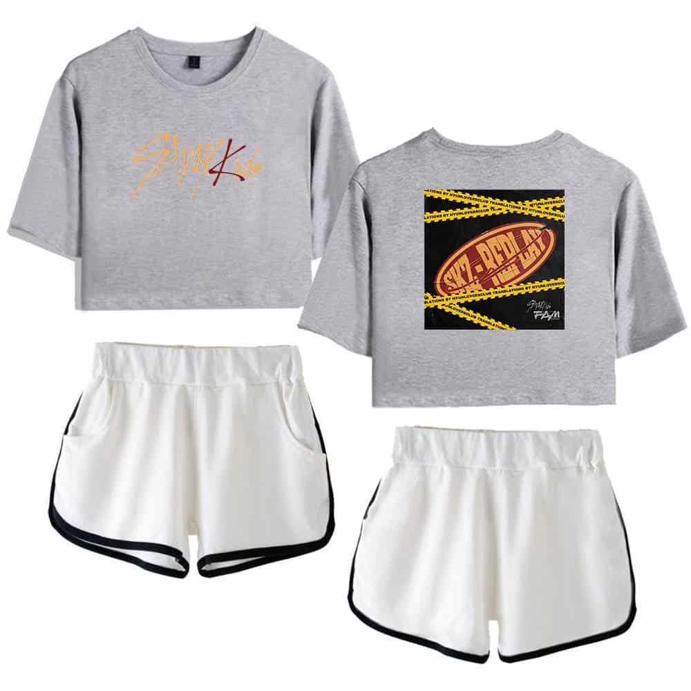 Short gray K-pop merchandise cropped sweatshirt and shorts set.