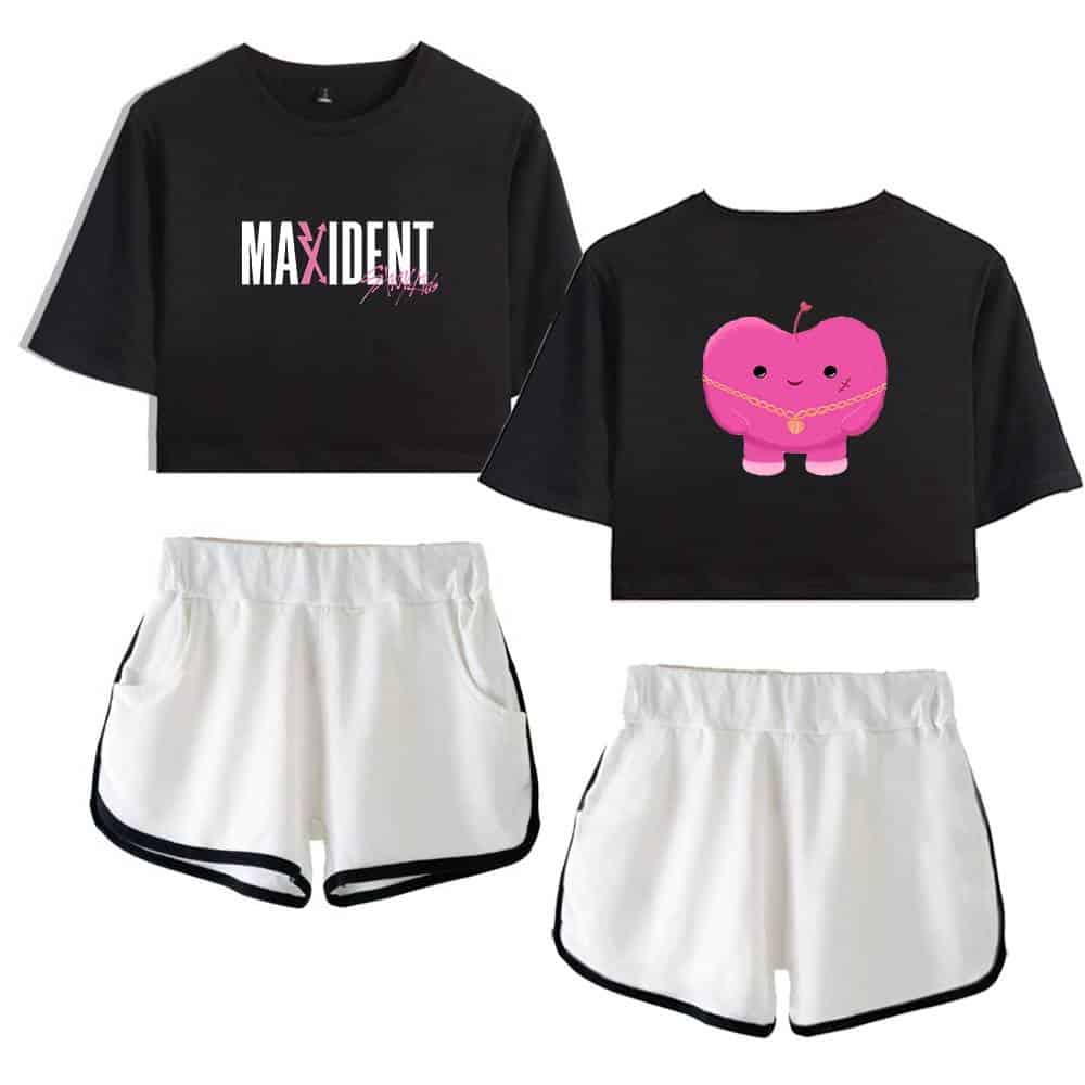 Playful Kpop merch featuring black cropped T-shirts with pink graphic designs and white athletic shorts with black trim.
