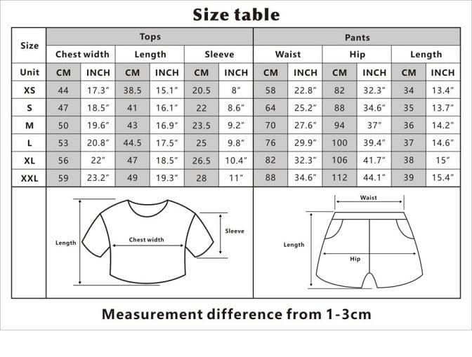 Size chart for clothing with measurements in centimeters and inches, including chest width, length, sleeve, waist, and hips for various sizes.