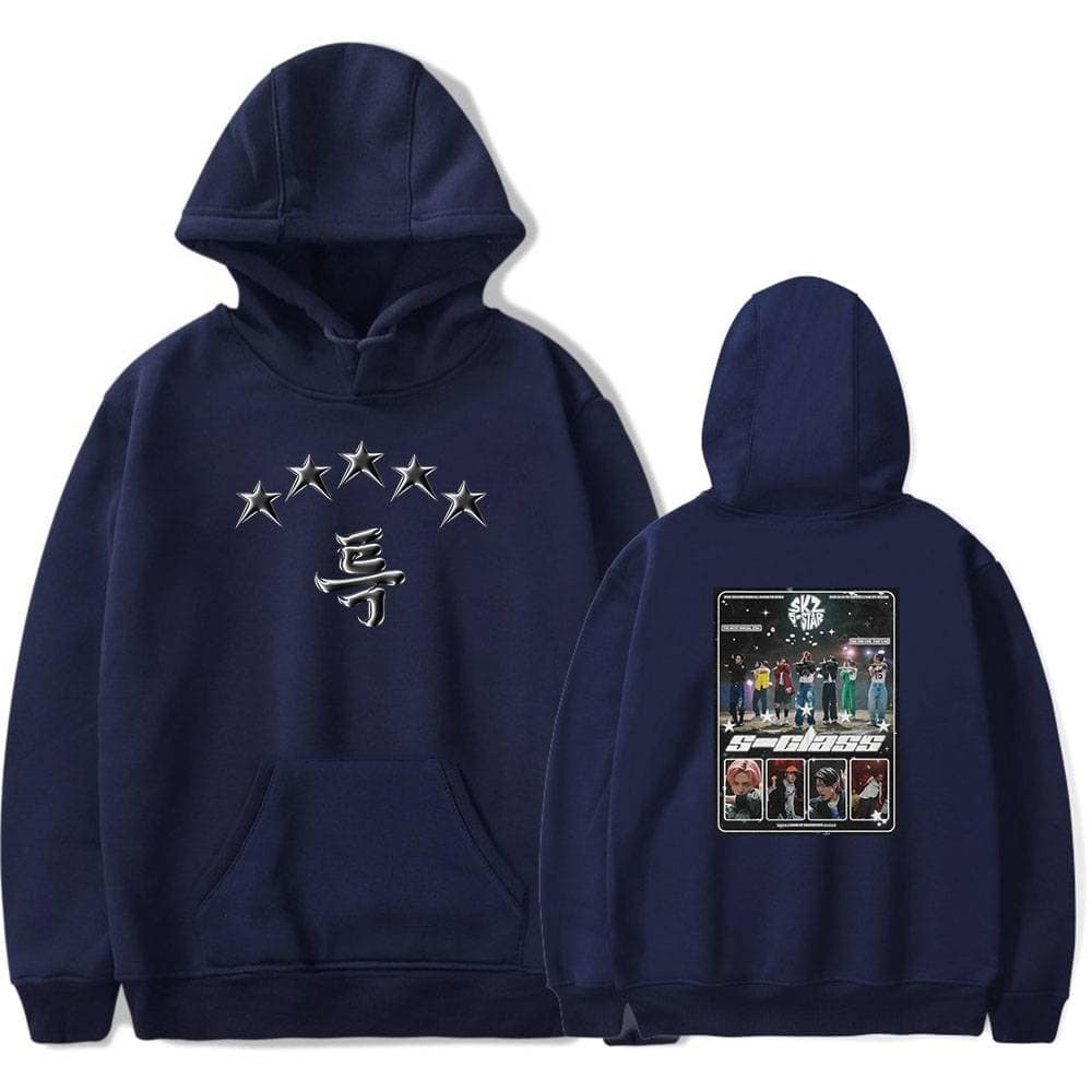 Cute navy hoodie with star and Korean symbol print, featuring BTS S-Class design and concert images, perfect for K-pop fans and merchandise collectors.