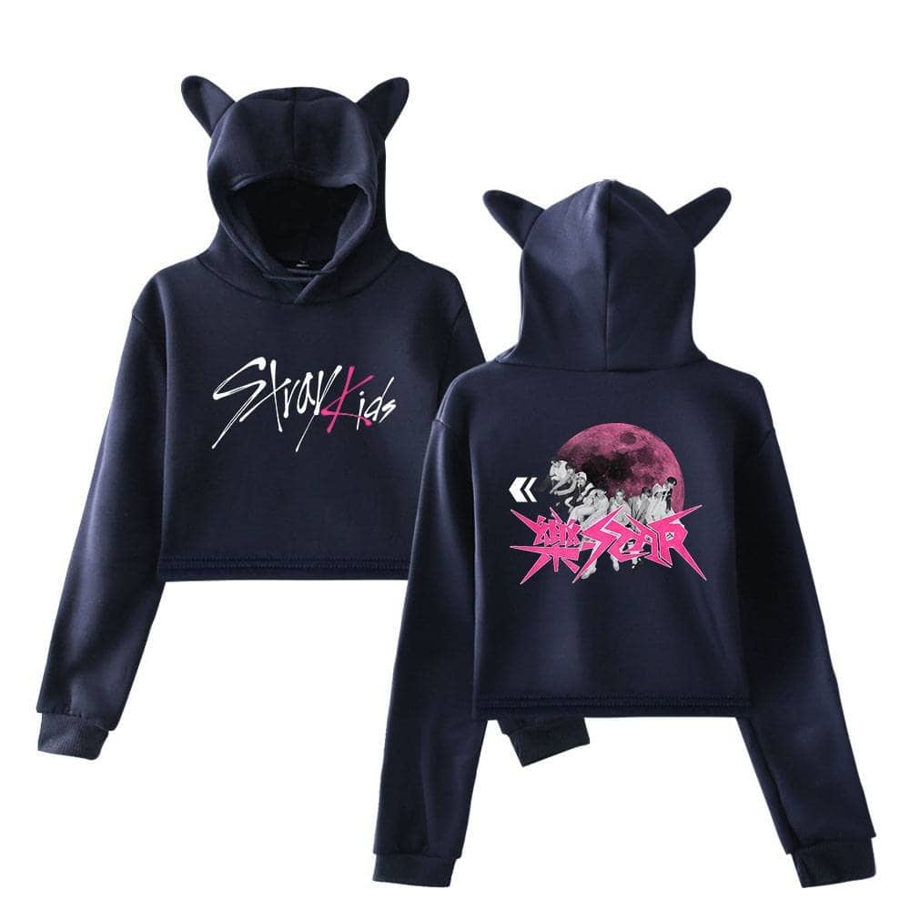 Stylish black K-pop hoodies with "Stray Kids" and "Super Star" graphic designs, featuring cute animal ear details on the hood. Perfect for fans.