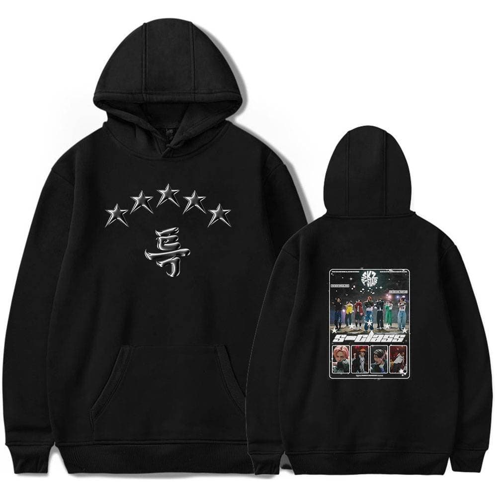 Stylish black hoodie featuring k-pop group S-Class with star and logo design on front and group photos on the back, perfect for K-pop fans.