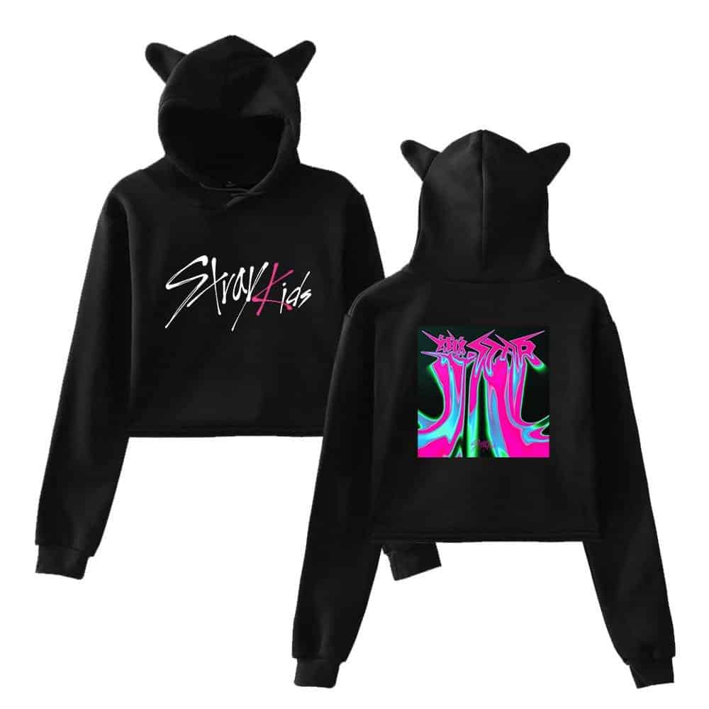 Hoodie with "Stray Kids" logo and colorful graphic back design, perfect for K-pop fans.