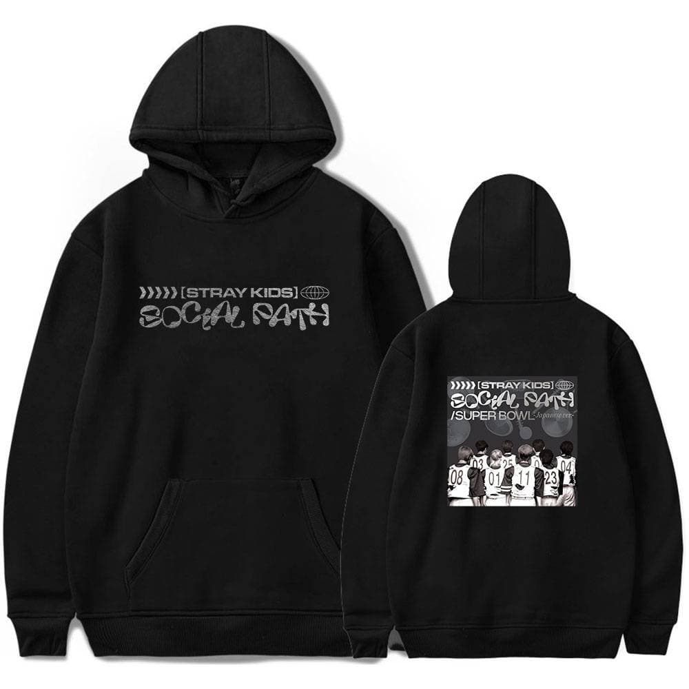 Black STRAY KIDS social bath hoodie with front and back prints, perfect for K-pop merchandise fans.