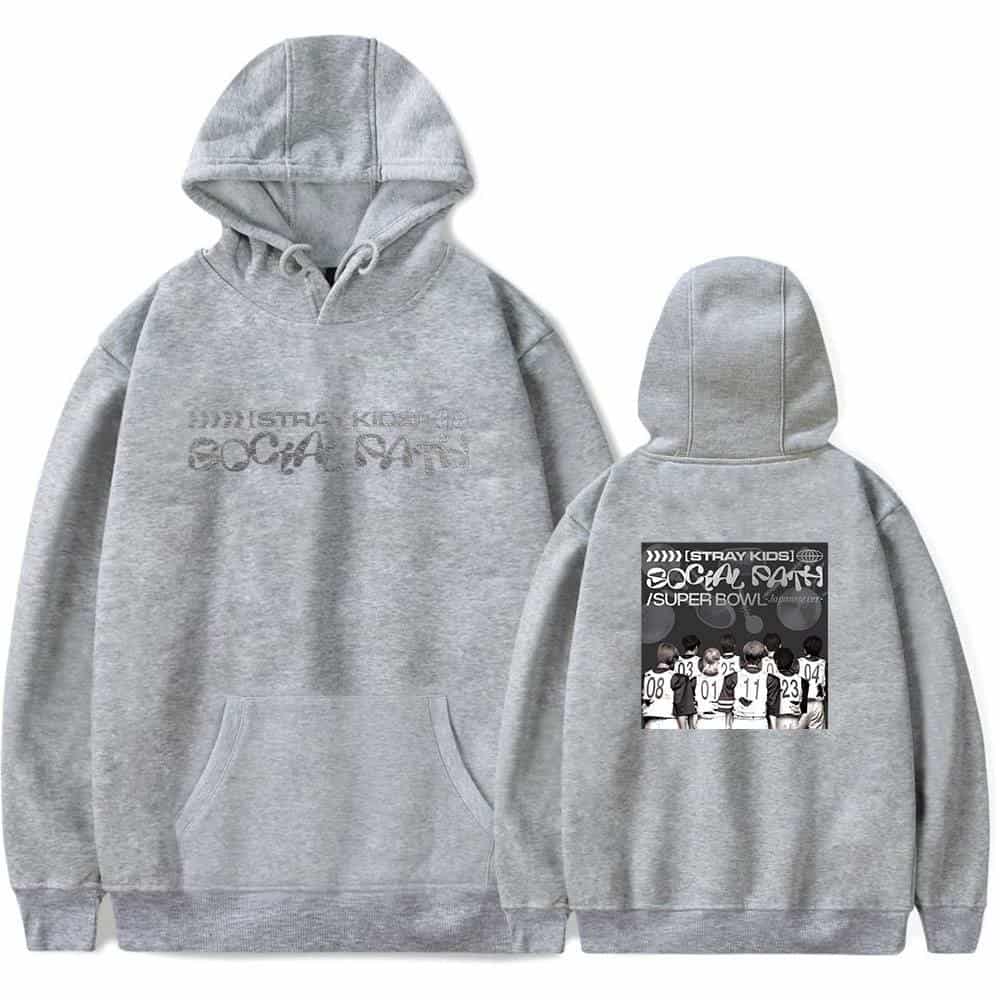High-quality gray hoodie featuring K-pop band graphics and the words "Social Night" for K-pop merch fans.