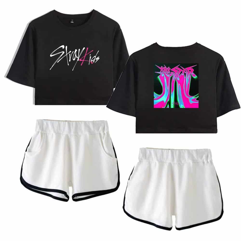 Kpop merch T-shirt and shorts set with Stray Kids graphic design and colorful abstract art.