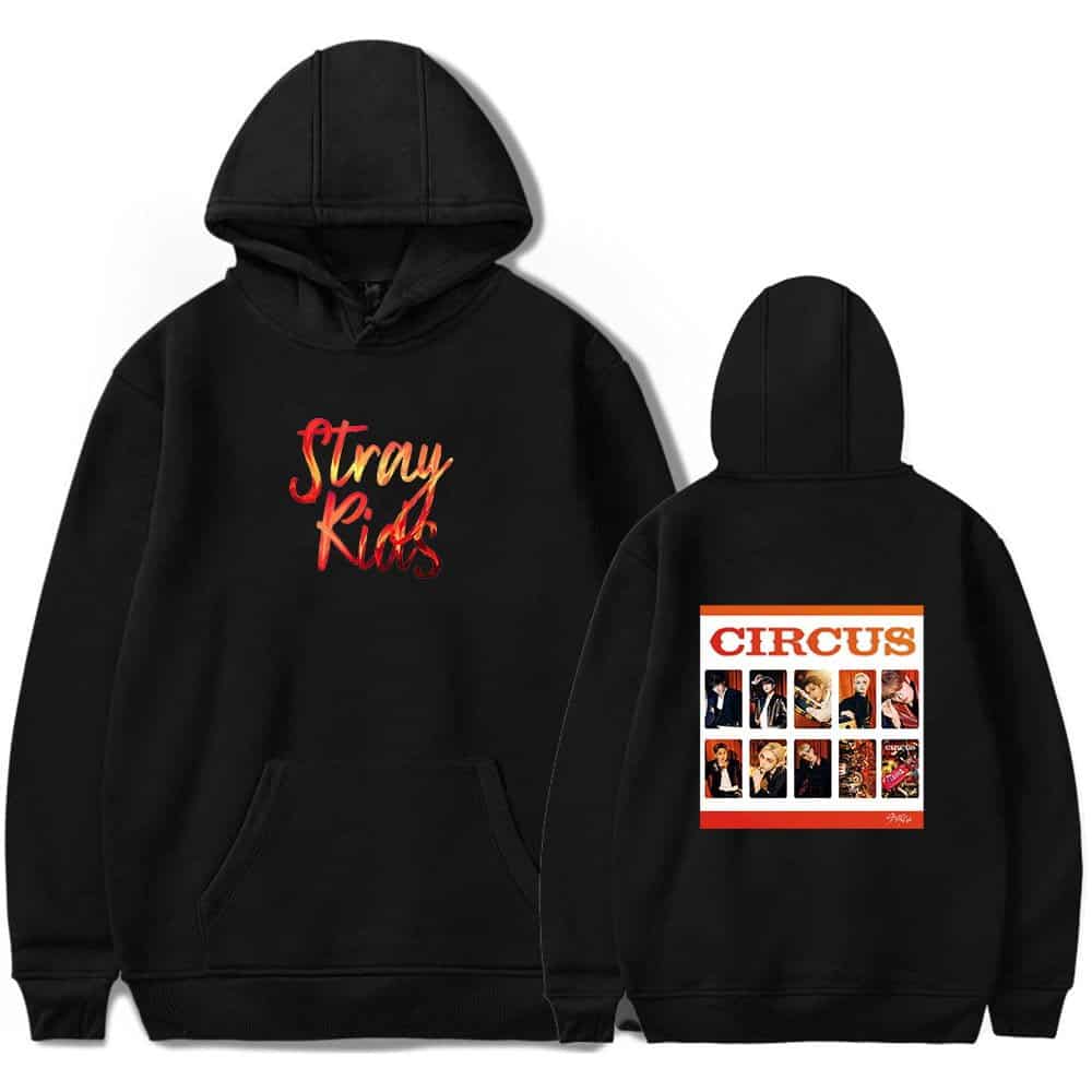 Online kpop merch hoodie with Stray Kids design and group photo on back.